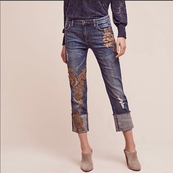 🆕 NWOT Anthro Pilcro Hyphen Cropped sequin Jean - Picture 2 of 7